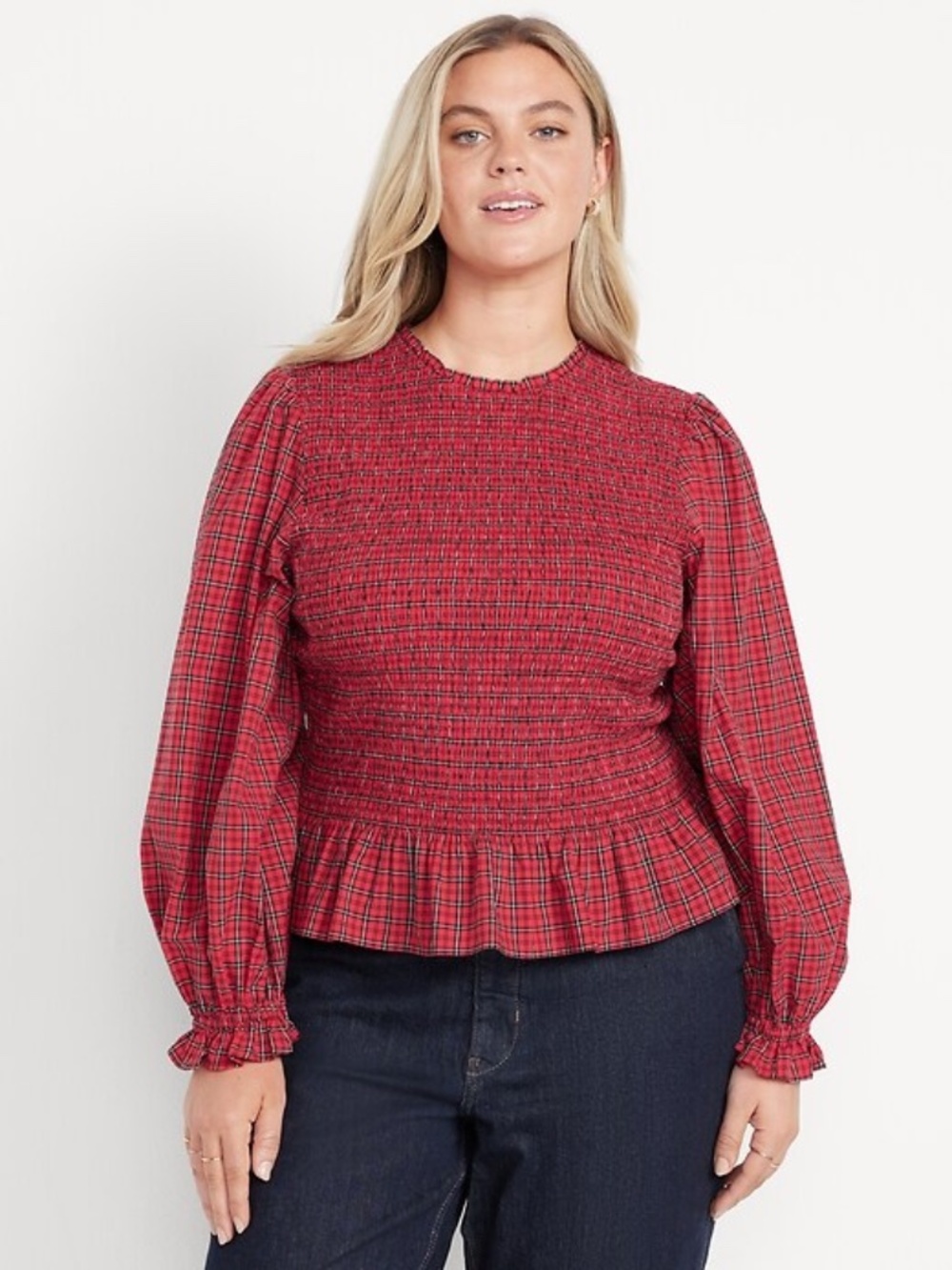 Old Navy Red Plaid Shirred Peplum Blouse Top Long Sleeves 3X